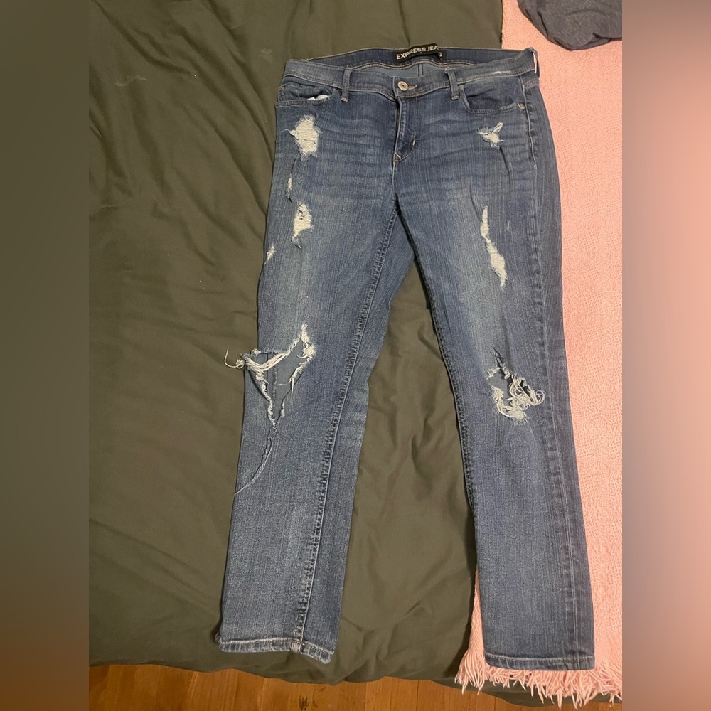Express Blue Skinny Jeans with Distressed Details